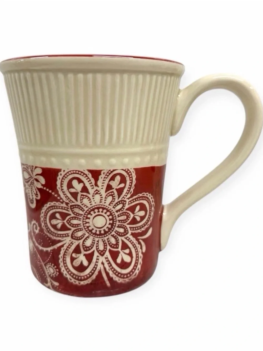 Pier 1 Imports Maribeth Ironstone Mugs Set of 3 Burgundy Cream Floral Cups